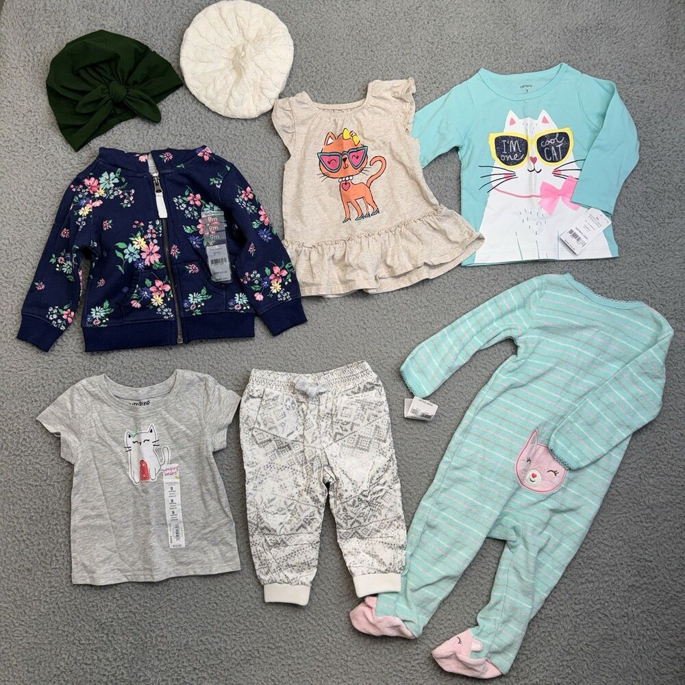 Carters Bundle Baby Girl 9 Months Cat Graphic Outfit Sweater Hats Footed Pajama